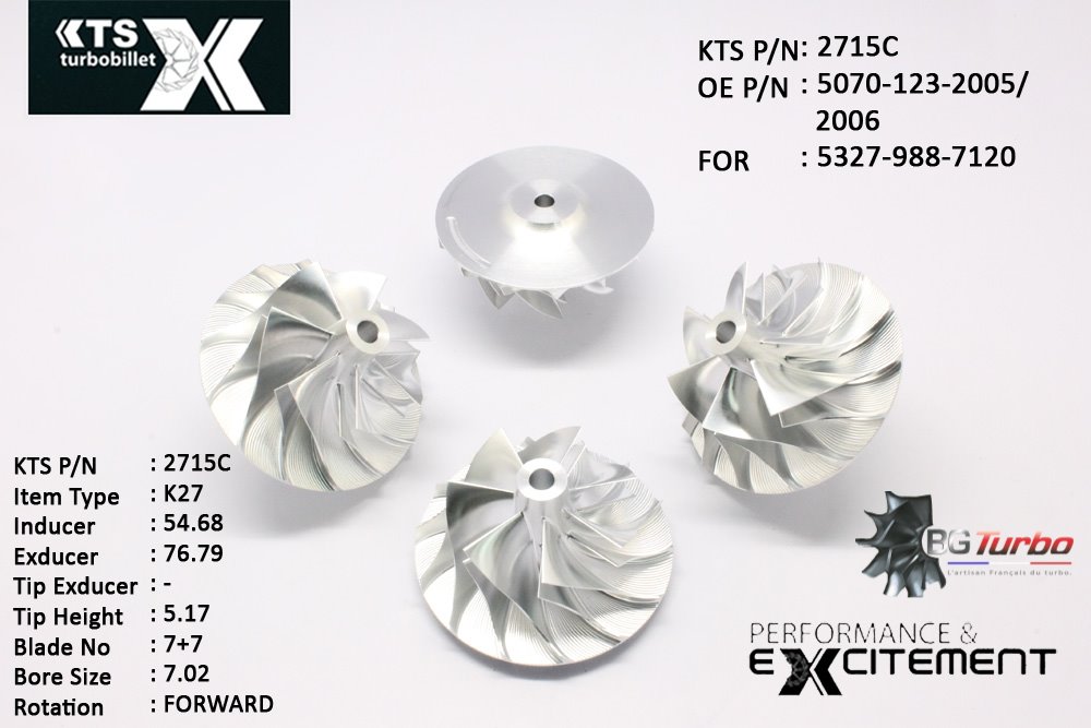 Turbo ROUE FORGÉE MFS PERFORMANCE - 7+7 PALES - INDUCER : 54,68 - EXDUCER : 76,79 - TYPE : K27ANGLE : 70° - ROTATION : Forward - SUPER BACK : 5,05 - BORE SIZE : 7,02
